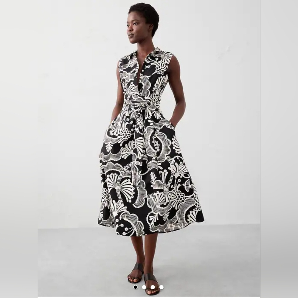 NWT Banana Republic Black Abstract Floral Poplin Cross-Waist Midi Dress Size M